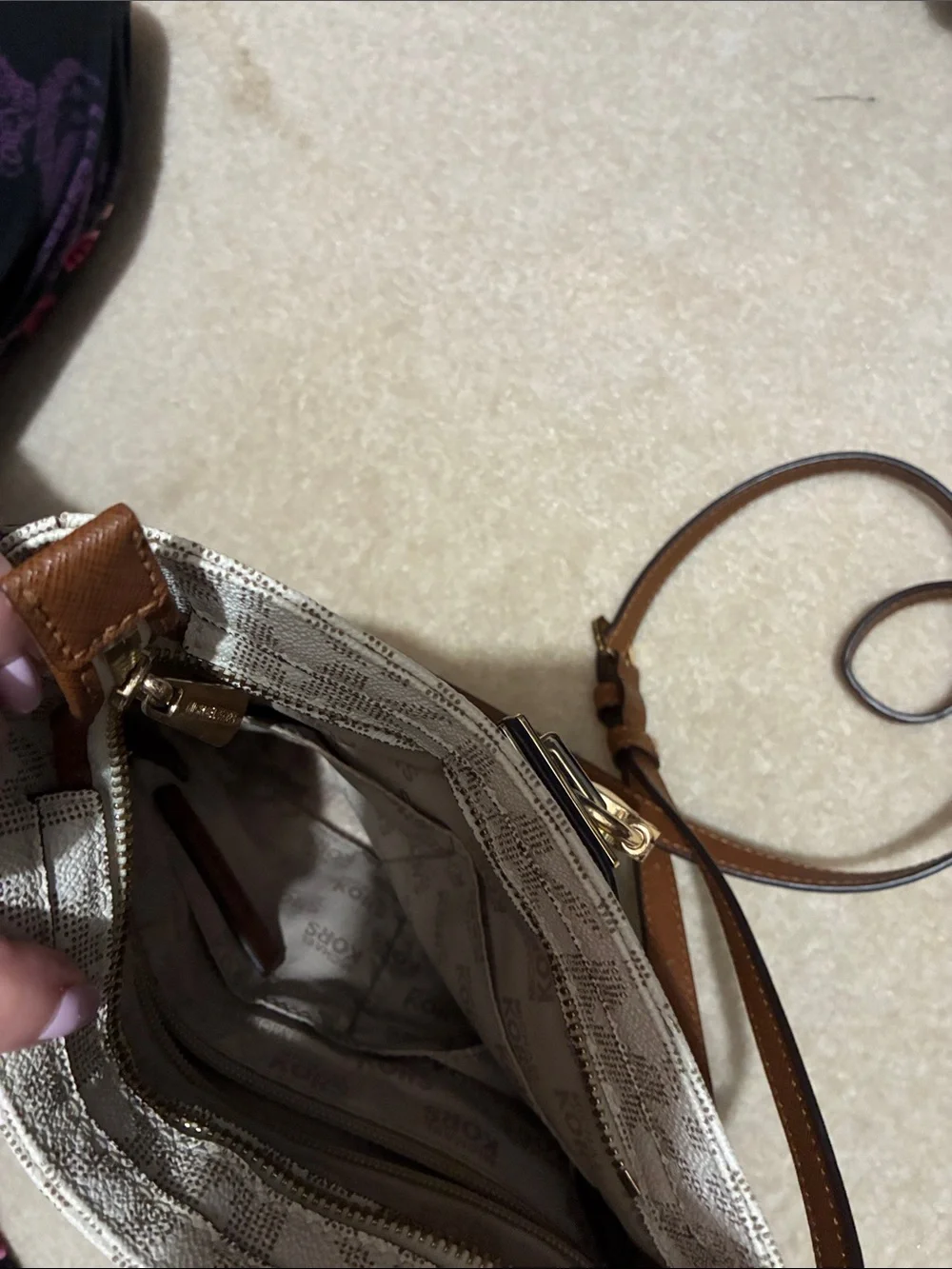 Michael Kors White & Brown Logo Crossbody with Gold-Tone Lock